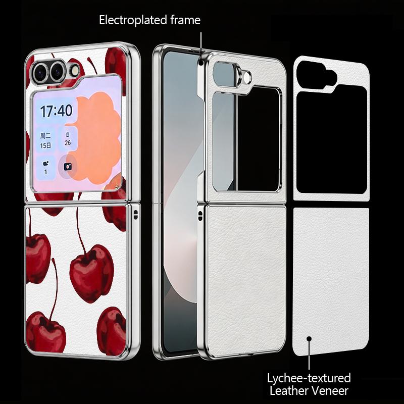 Cherry Fruits Print Case For Samsung Z Flip 8 7 6 5 Luxury Plating Leather Skin Folding Phone Cover For Galaxy Z Flip8 Flip7 Flip6