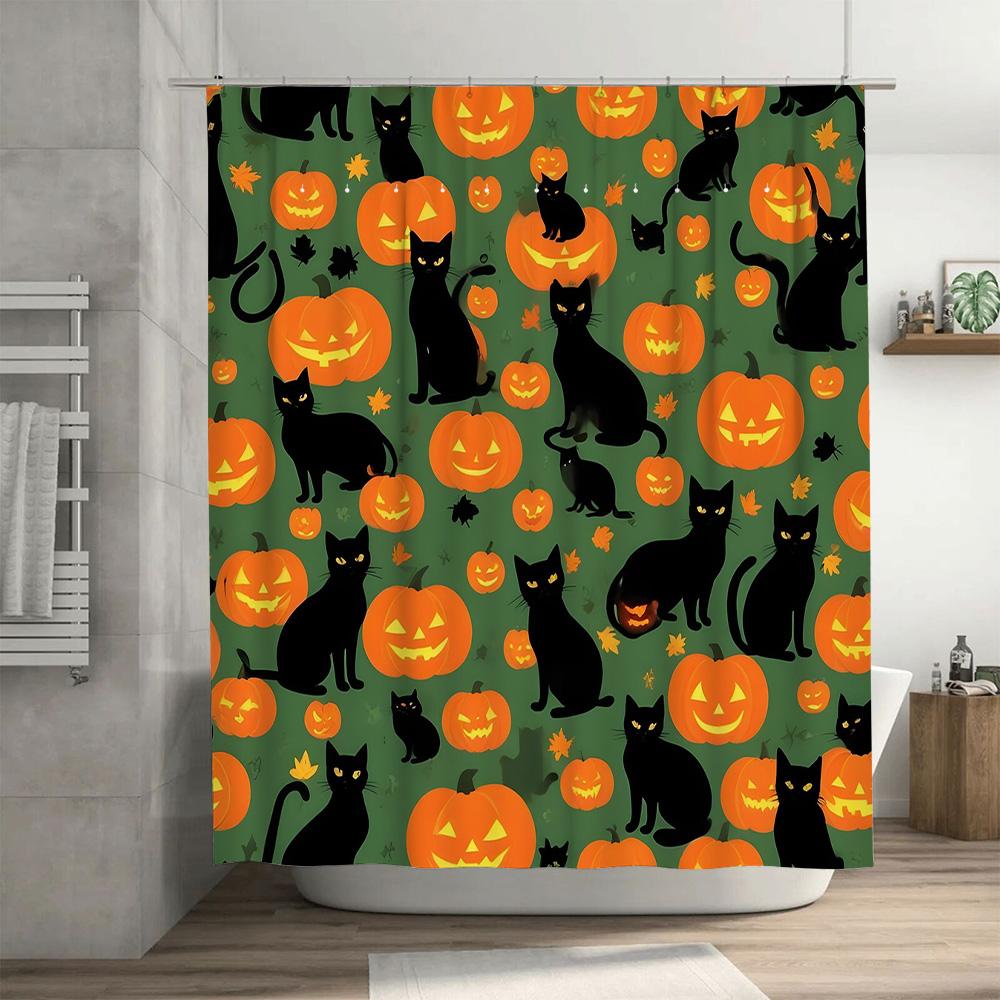 Halloween Shower Curtain Waterproof Fabric Pumpkin Cat Print Decorative Home Decoration Bathroom Wall Hanging Customizable Sizes