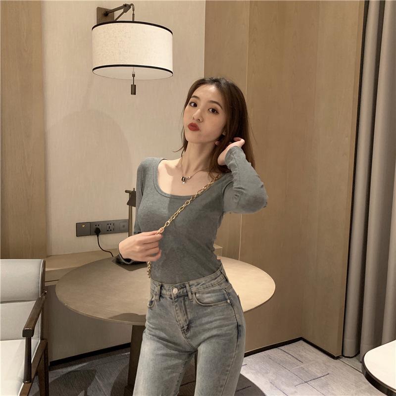 Herbst- und Winterhemden, Herbst- und Winter-Neue Lingerie-Tops zum Ausgehen für Mädchen, lässiges Langarm-T-Shirt mit großem U-Ausschnitt für Damen
