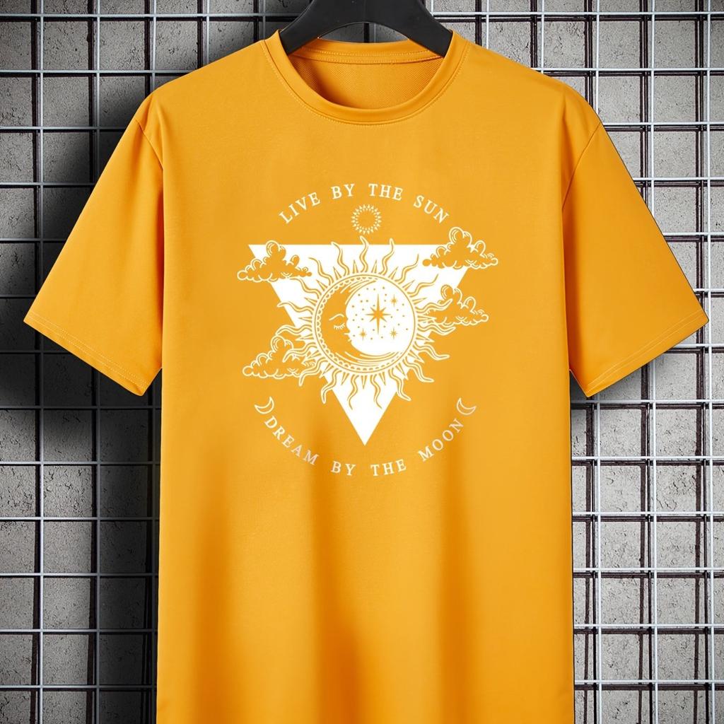 Live By The Sun Dream By The Moon Graphic Mens Cotton TShirt Casual Oversized Crew Neck Tee