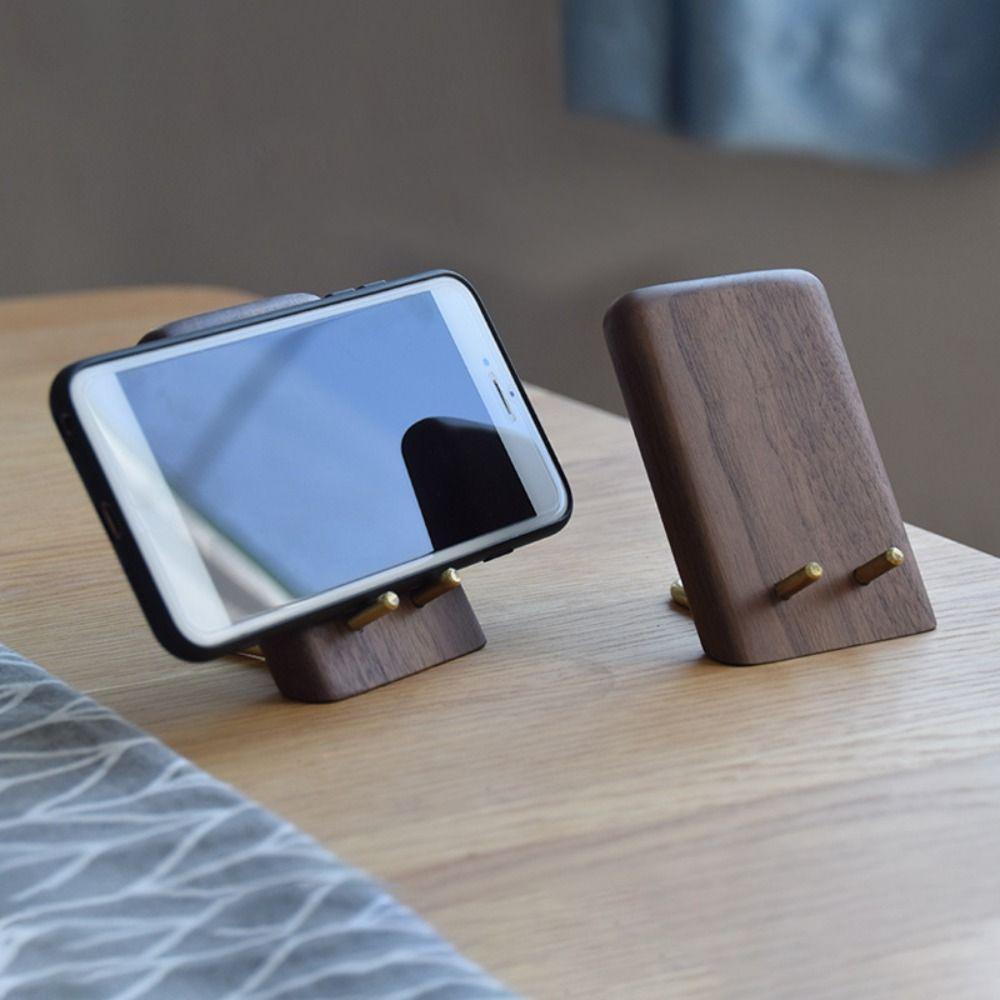 Retro Walnut Wood Phone Stand Non-Slip Base Simple Design Desktop Phone Holder Metal Portable Phone Bracket Desktop Use