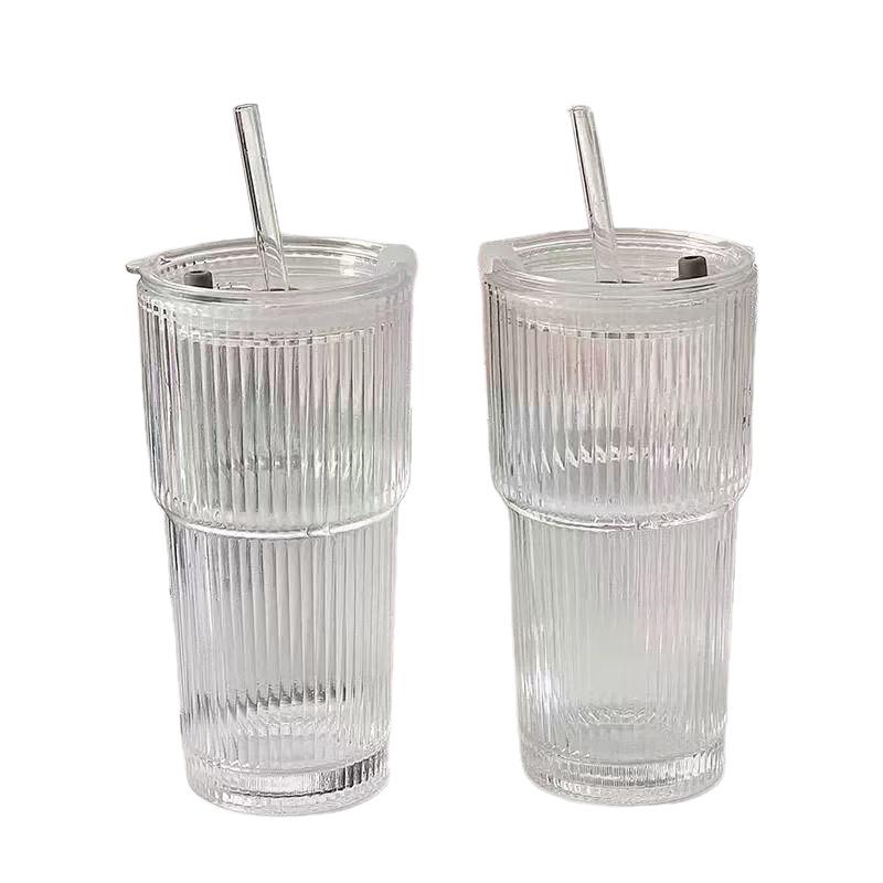 Large Capacity Glass Cup with Lid and Straw - Vertical Stripe Design for Juice, Coffee, or Water