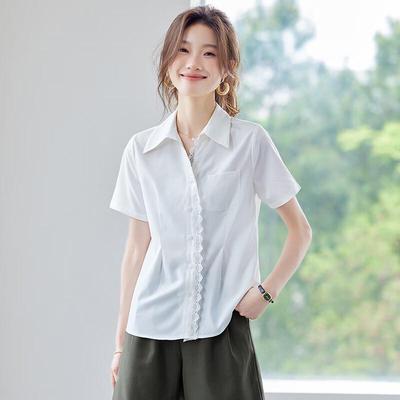 Women's Lace Patchwork Short Sleeve Collared Blouse