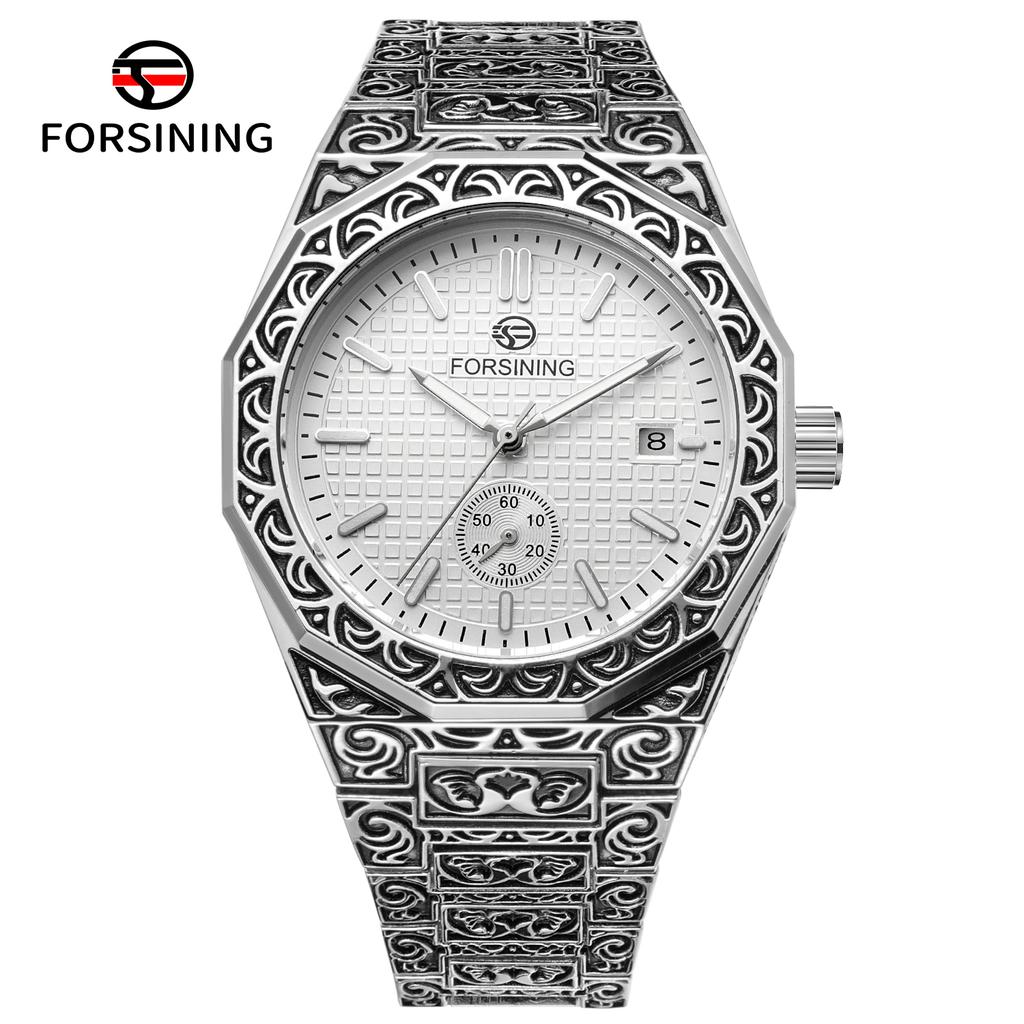 FORSINING Original Designer Luxury Man Vintage Watch Date Automatic Movement Mechanical Clock Stainless Steel Skeleton Military