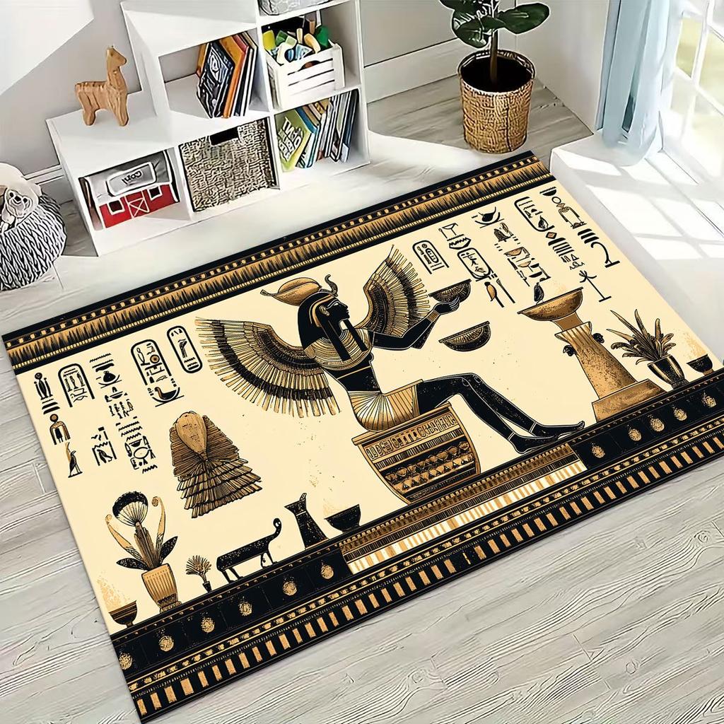 Ancient Egyptian Hieroglyphic Symbols Carved Murals Rug Carpet for Bedroom Living Room Sofa Doormat Decor,Kid Non-slip Floor Mat