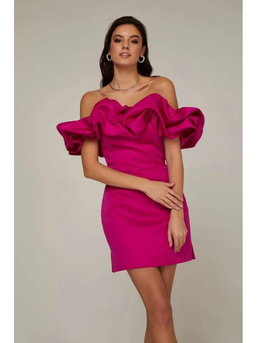 

Элегантное женское платье с открытыми плечами и оборками в европейском и американском стиле - однотонное вечернее платье-бандо Medium розы красного