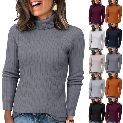 Women's Knitted Solid Color Long Sleeved High Neck Pullover Top