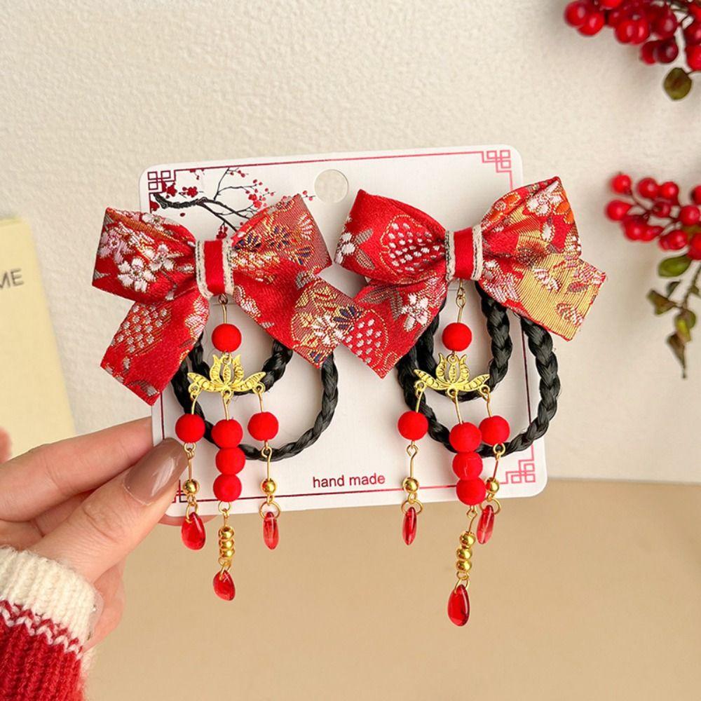 

2 шт., новогодний головной убор Hanfu, боковой зажим, парик в китайском стиле, заколка для волос, детская шпилька с бантом для девочек 3