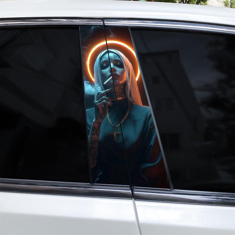 2pcs Nun Sisters Car Decal Car B-Pillar Sticker Smoking Nun Styling Car Decal Diy Car Door Post Vinyl Decal Cool Nun Decal