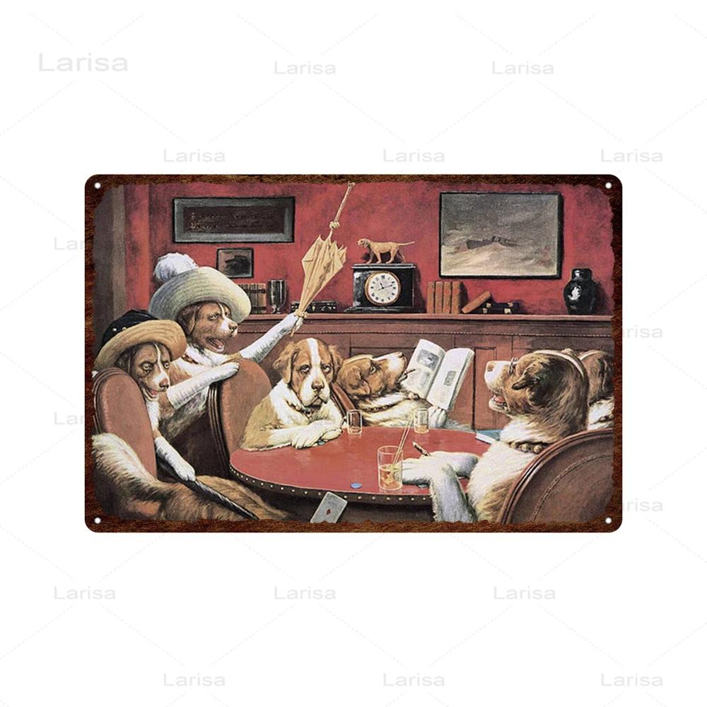 Dogs Playing Poker Game Metal Plaque Animals Playing Billiards Tin Sign Garage Club Wall Pub Tin Sign Vintage Metal Posters