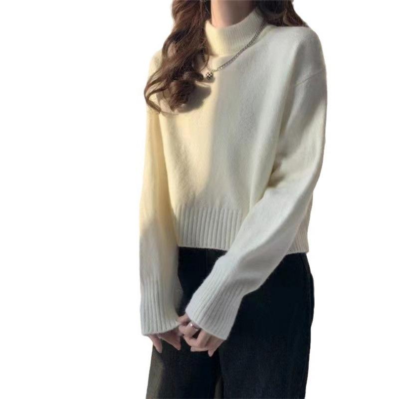 Autumn and winter new simple and versatile solid color semi-turtleneck pullover women's short fashion bottoming knitted sweater tide