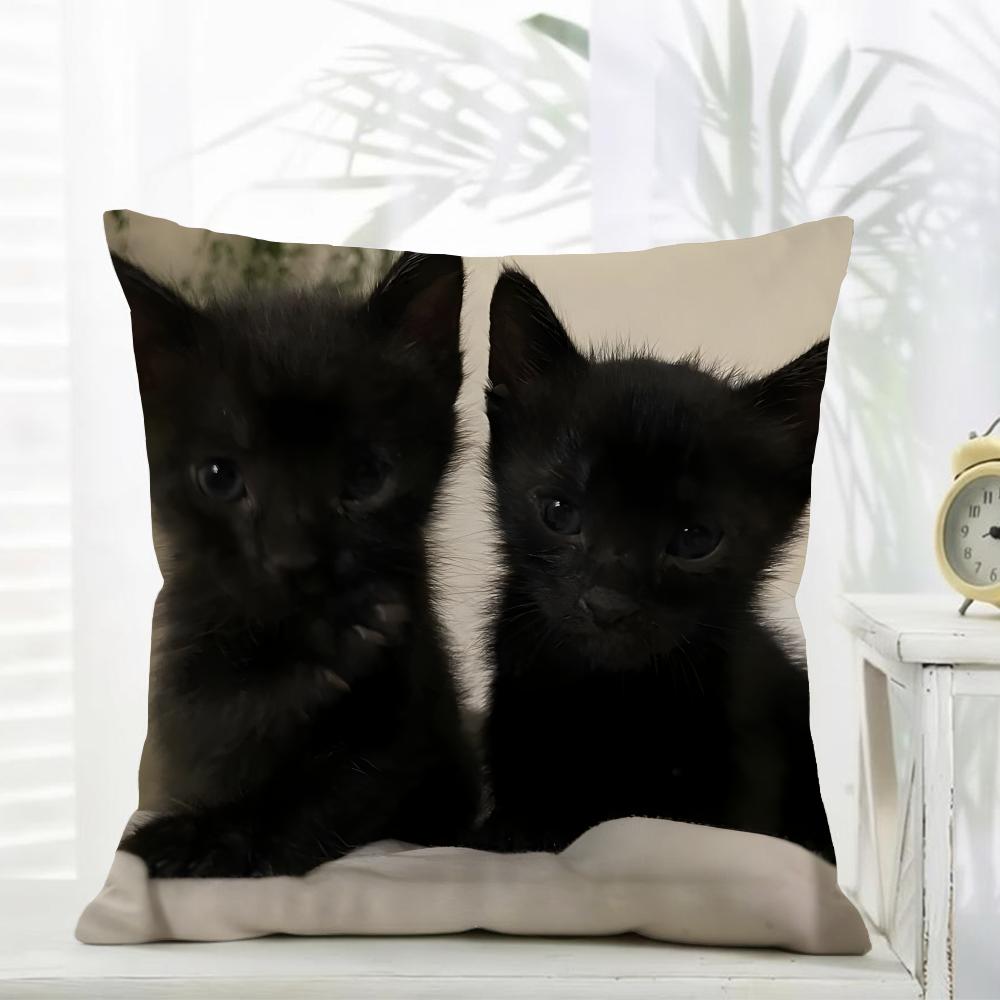 L-Little Black Cat Couple Pillow Cute Cushion Cover Daily Washable Linen Pillowcase Soft For Sofa Bed Home Room Decor