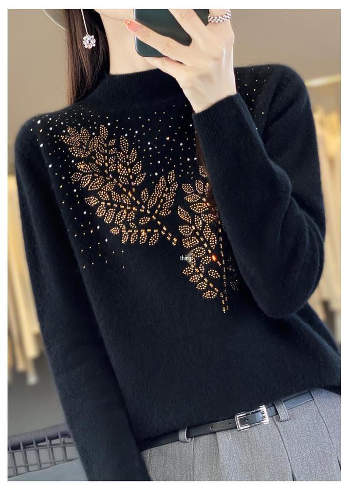 Rhinestone Wool Sweater for Women, Autumn/Winter Collection: Half-High Neck, Knitted, Long & Loose Fit.