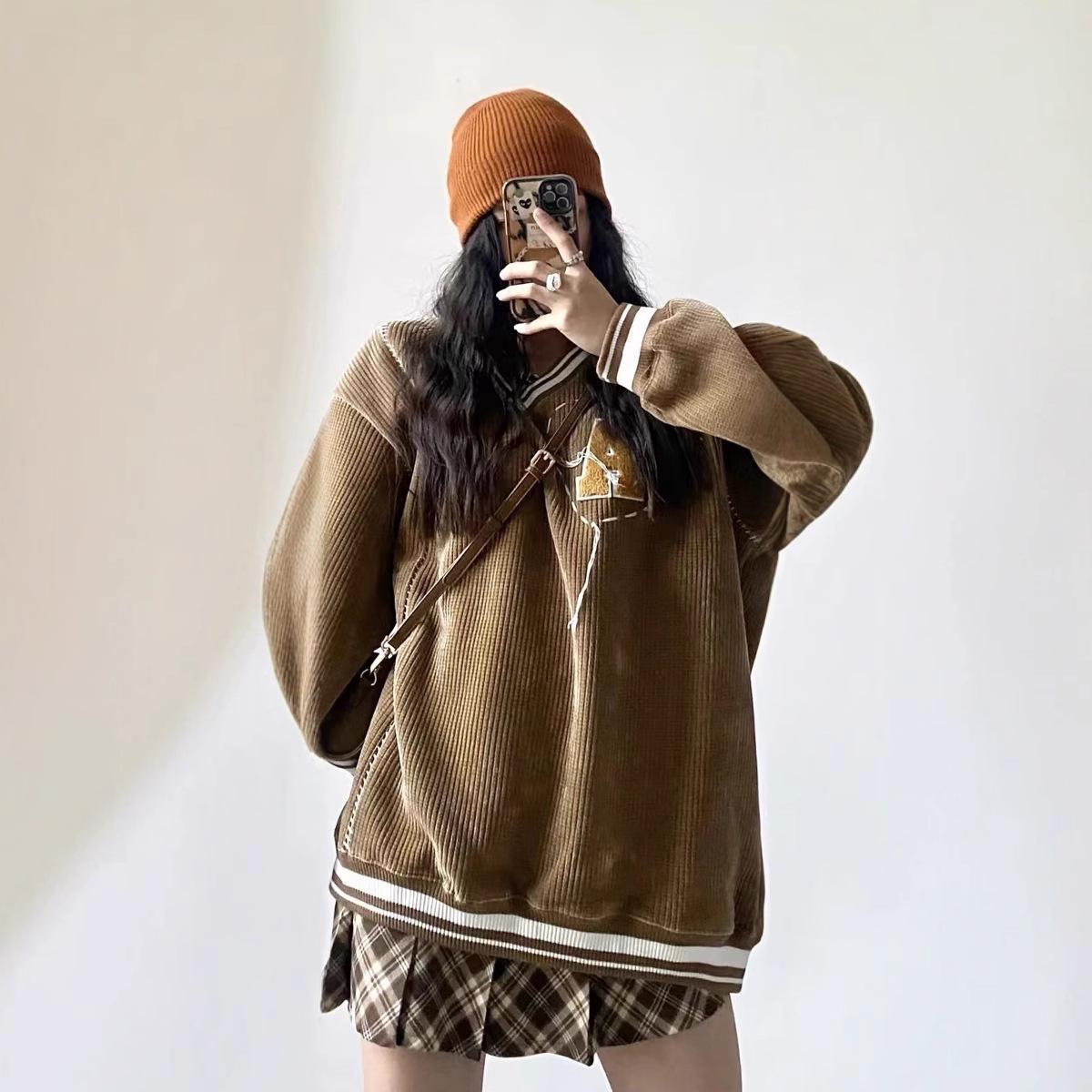 

Женский ретро-свитер с V-образным вырезом и надписью - Длинный рукав, вафельная вязка, весна и осень XXL коричневый