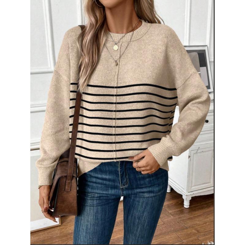 Women S Loose Casual Knit Striped Round Neck Sweater