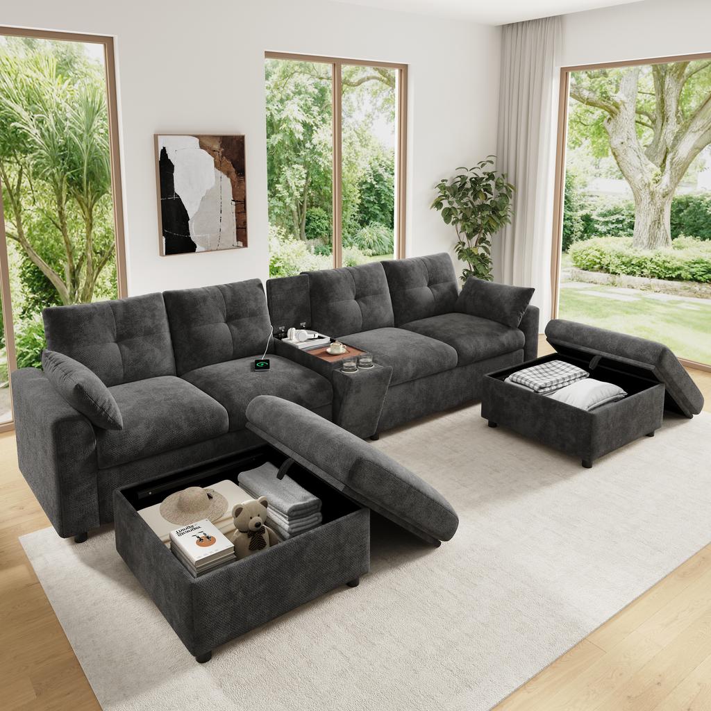 Modułowa sofa narożna 6-osobowa w kształcie U/L, 2 pufy ze schowkiem, konsola z półką, schowkiem i uchwytami na kubki, USB i Type-C, szenil, Szary