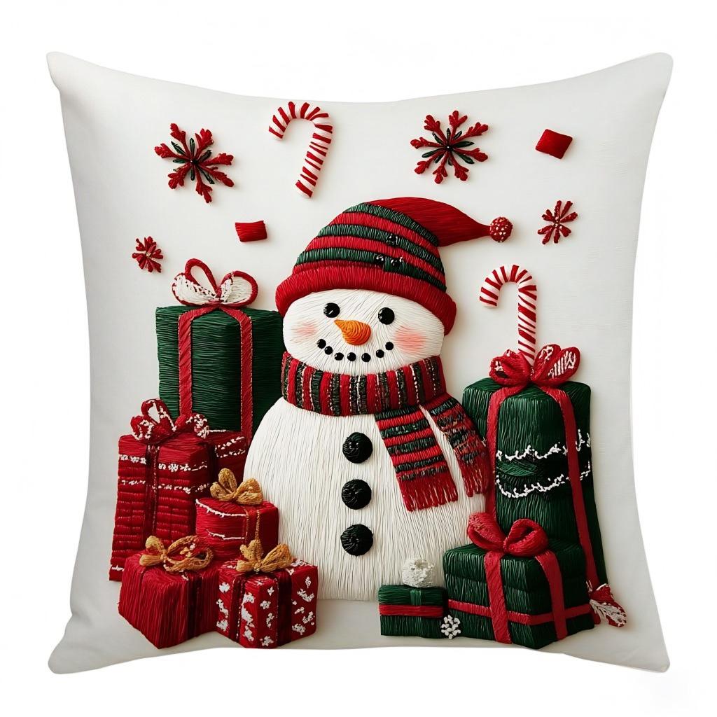 Christmas Embroidered Pillow Covers Set of 4 Santa Deer Snowman Cushion Cases Winter Holiday Sofa Decor (No Insert)