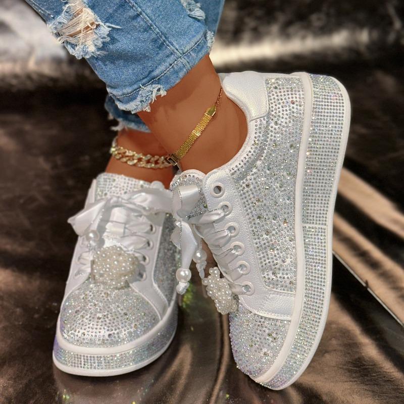 Large Size Gypsy Rhinestone Casual Women's Shoes Spring New Lace-up Board Shoes Platform Fashion White Shoes
