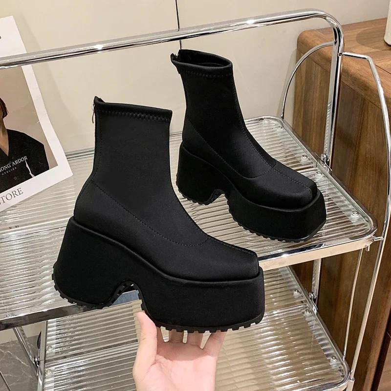 Punk Style Platform Women Ankle Boots Fashion Leopard Short Booties Vintage Thick Heels Ladies Shoes