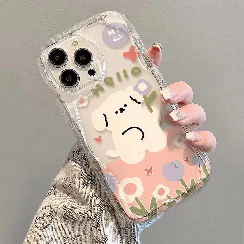 Cartoon Flower Little White Dog iPhone17Promax Mobile Phone Case Transparent for Apple 16promax Cream Case