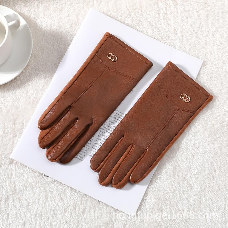Warm leather gloves women cute velvet winter thickened outdoor riding windproof and cold driving touch screen gloves