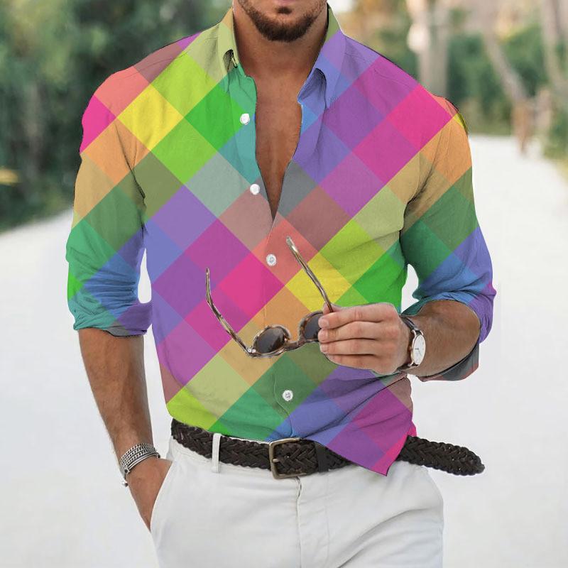 Men Fashion Button‑Up Shirt Abstract Polygon Art Print Long Sleeve Turn‑down Collar Casual Top Wear