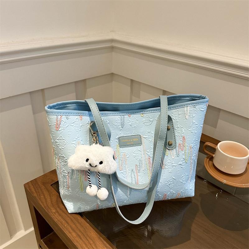 Casual commuting large-capacity bag women's new fashion college student class shoulder striped embroidered tote bag