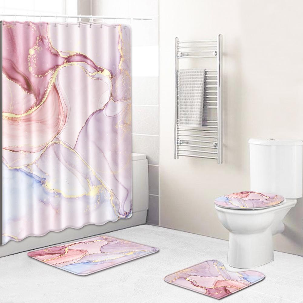 Marble Texture Printing Bathroom Non-Slip Floor Mat Shower Curtain Combination Carpet European And American Style
