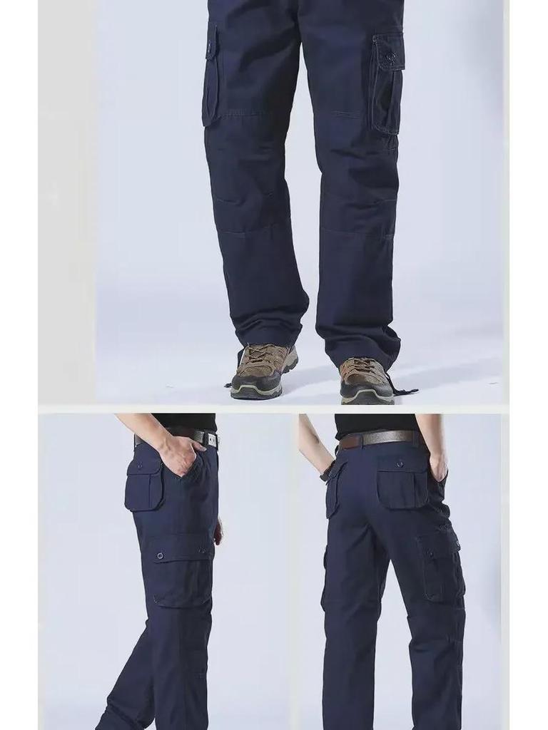 Trwałe bawełniane spodnie robocze z wieloma kieszeniami - Luźny krój, Proste spodnie, Duże rozmiary