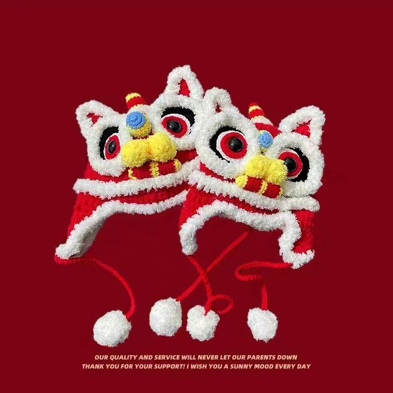 Drachenjahr-Hut im chinesischen Stil, Löwen-Erwachenshut, Eltern-Kind-Set, Herbst und Winter, warme Wollmütze, Neujahrs-Kinderhut