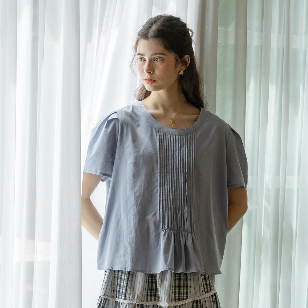 Peulaudeumali Pm_Round Neck Pleats Top_Blue