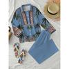 Light Blue Coconut Tree Ethnic Style Shirt Wide Leg Pants Suit Women's Bohemian Resort Style Two-piece Set