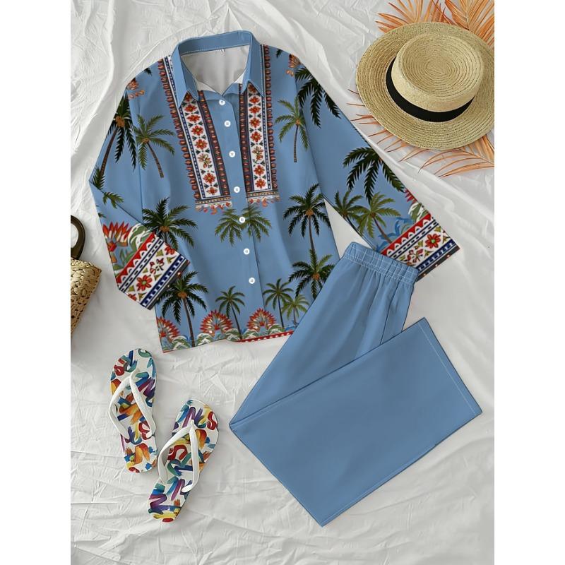 Light Blue Coconut Tree Ethnic Style Shirt Wide Leg Pants Suit Women's Bohemian Resort Style Two-piece Set