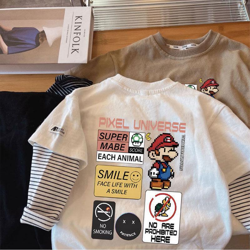 Boys Cotton Fake Two Piece Long Sleeve T Shirt Stylish Spring Autumn Kids Base Layer Top 80