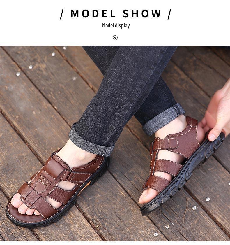 Men's Plus Size Cowhide Sandals: Breathable, Non-Slip, Waterproof Velcro Beach Shoes for Middle-Aged and Elderly.