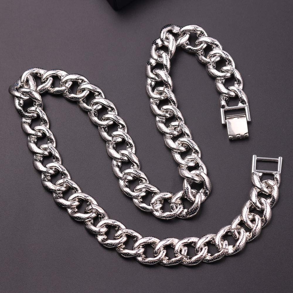 [Rockyu] Men's Necklace with Zirconia, Cuban Chain, Silver, Gold (18K), CZ Diamond, 14mm Wide, Thick, Cool, Hip Hop, Street Style Jewelry (50, Silver)