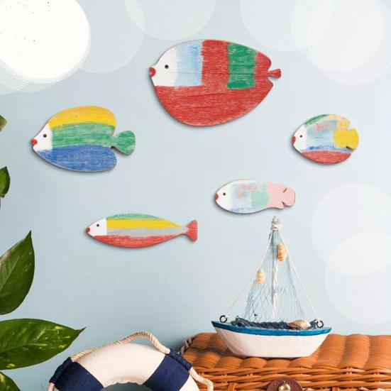 5 Pcs Wooden Fish Nautical Beach Wall Decor Coastal Wood Hanging Fish Wall Art Rustic Ocean Lake House Wall Sculpture for Bathroom Home Decor
