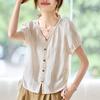 1116 Summer New French V-neck Temperament Cotton and Linen Short-sleeved T-shirt Women's Design Sense Super Good-looking Drawstring Cotton and Linen 