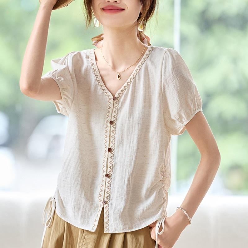 1116 Summer New French V-neck Temperament Cotton and Linen Short-sleeved T-shirt Women's Design Sense Super Good-looking Drawstring Cotton and Linen