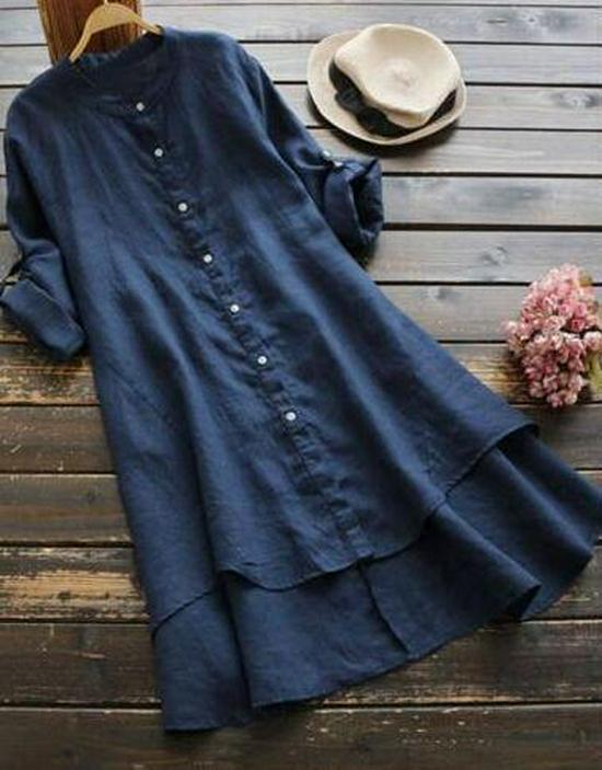 2021 Fall Cotton Linen Women's Long-Sleeve Solid Color Button-Down Shirt