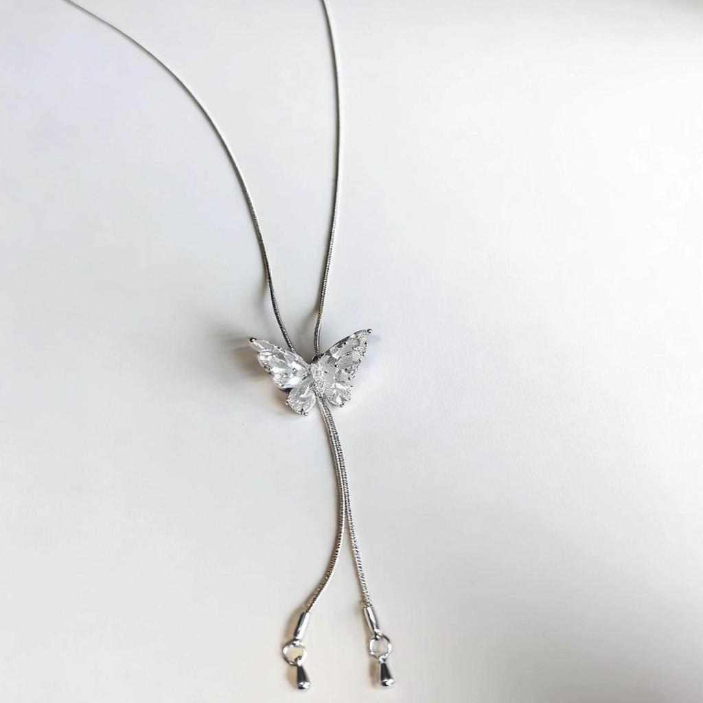Silver Long Tassel Butterfly Necklace Women Can Pull Adjustment Spice Girl Collarbone Chain Niche High-End Light Luxury Accessories