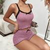 Große Größe Pyjama Damen Sexy Spitze Rand Kurzarm Träger-Shorts Polierte Rippenstruktur Loungewear
