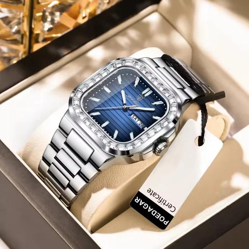 POEDAGAR Top Brand Luxury Watch for Men Waterproof Luminous Date Week Wristwatch Stainless Steel Square Quartz Watches