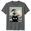 Black Cat Sea Turtle Kai Nichi Bei Yaki Japanese Art Ukiyoe Style Graphic Tee