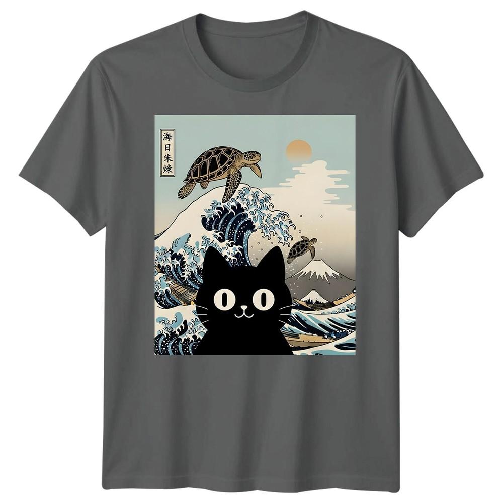 Black Cat Sea Turtle Kai Nichi Bei Yaki Japanese Art Ukiyoe Style Graphic Tee