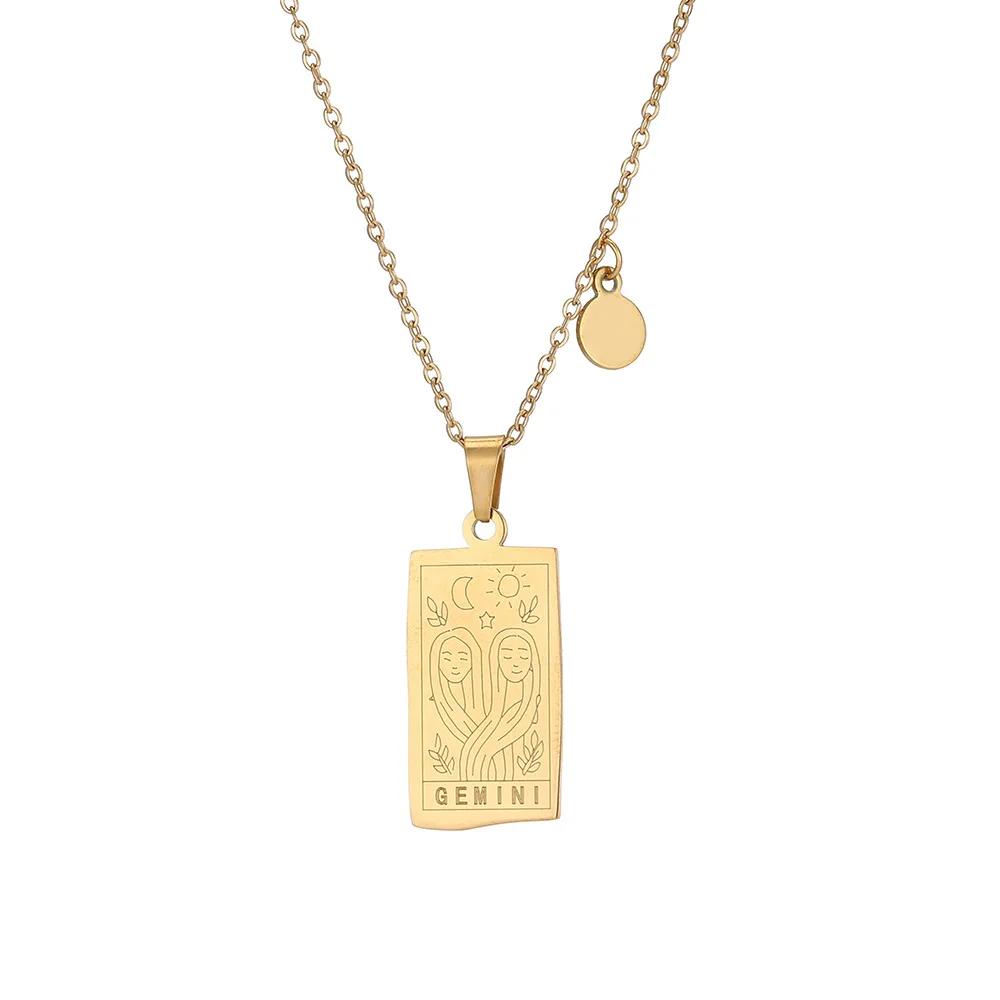 Vintage Geometric 12 Constellations Square Pendant Necklace Fashion Gold Color Metal Collar Charm Necklace Jewelry 2024 New