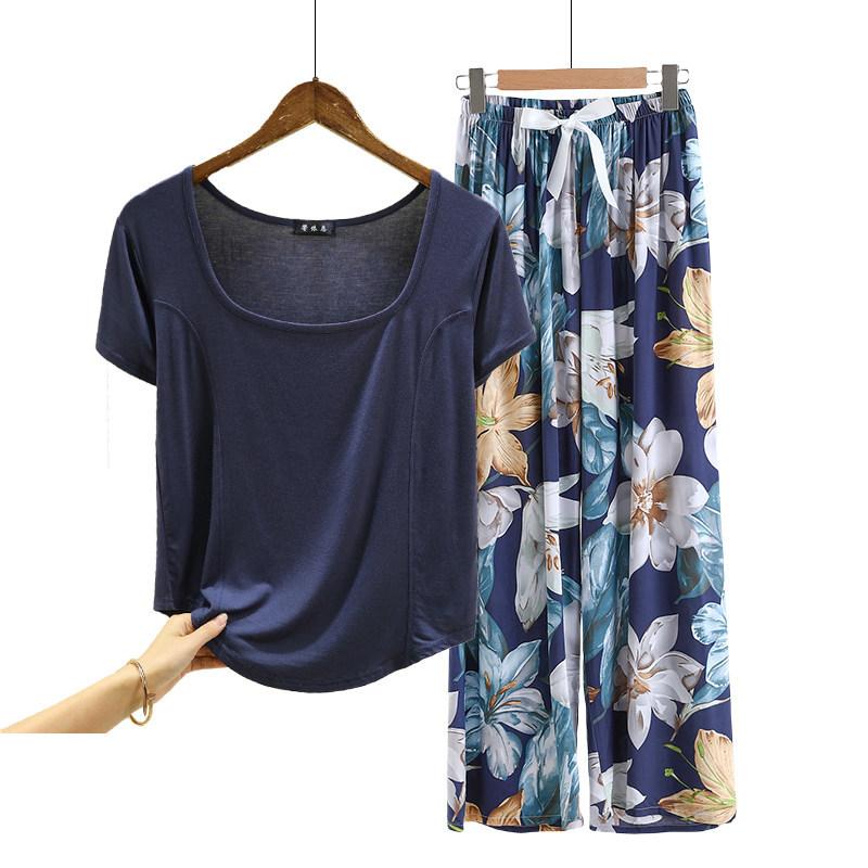 Fashion U Nek Tshirt and Floral Wide leg pants Summer fashion homewear 2pcs suit Loose Casual pajamas set comfort loungewear plus size