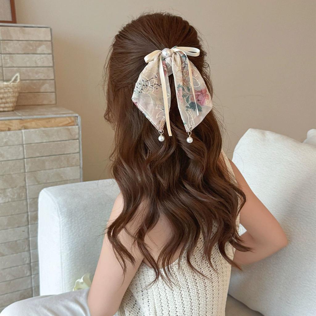 Chinese embroidery floral bow streamer hair band female Korean version pearl tie headrope large intestine hair band