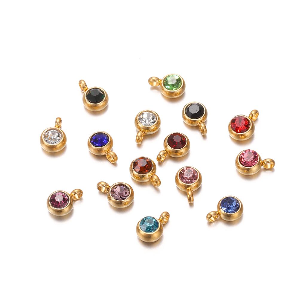 10Pcs 6mm Stainless Steel Birthstone Necklace Pendant Jewelry Making Rhinestone Charms For Women Earrings DIY Accessories Gift