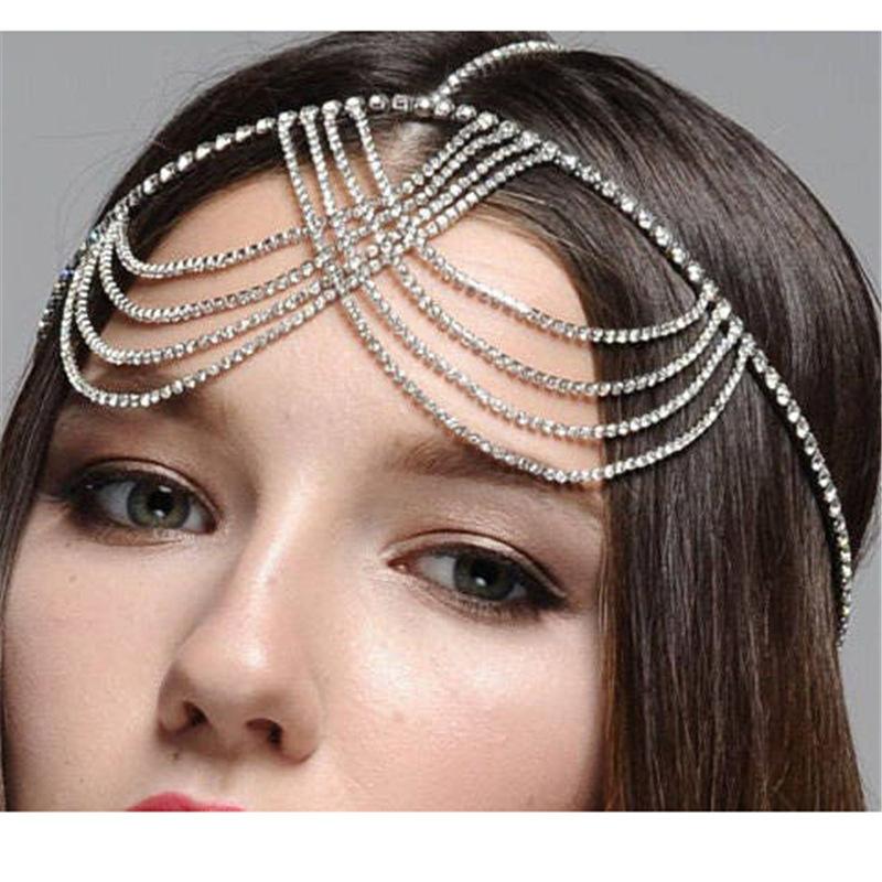 Cross-Border Hot Selling Multi-Layer Rhinestone Tassel Cross Head Chain Bohemian Fashion Bridal Crystal Forehead Lace Hair